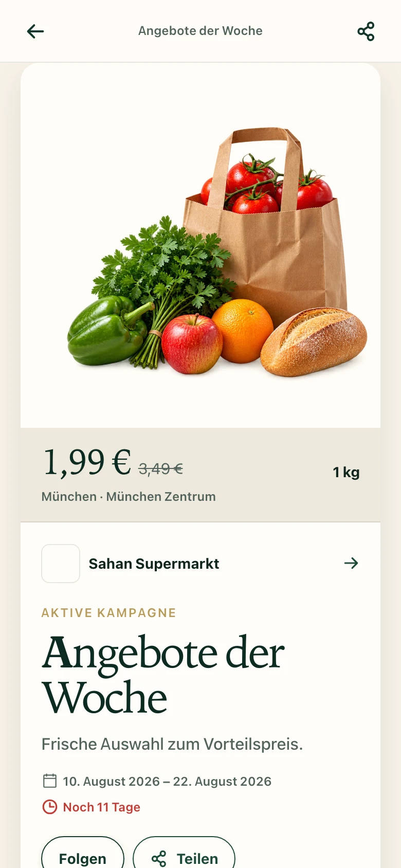 Kampagnendetail mit Produkt und Angebotspreis in Etiketa Market