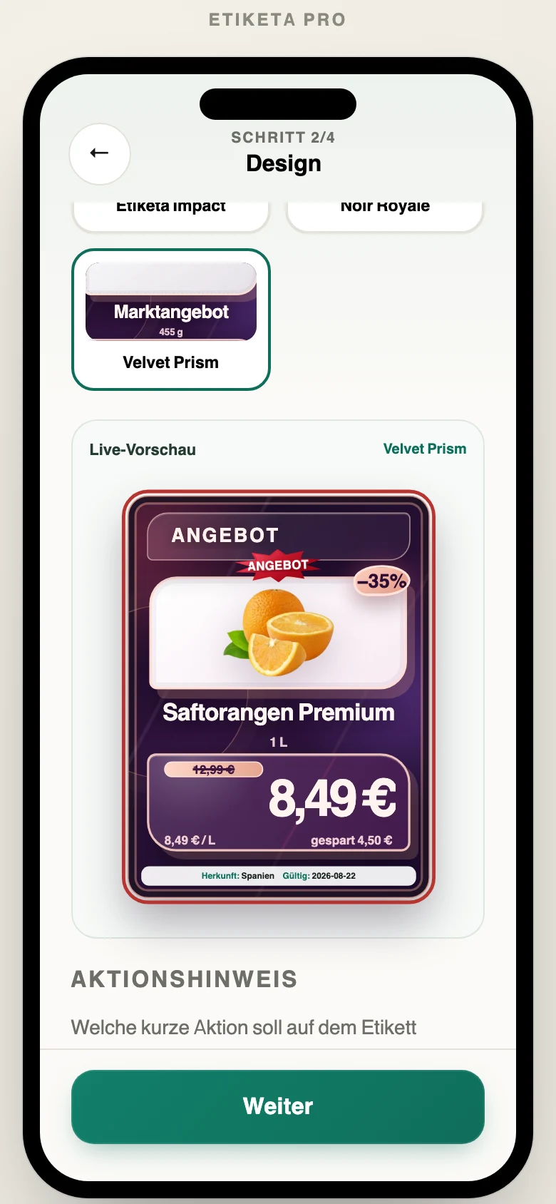 Etiketa Pro Rabatt-Designer mit Live-Vorschau