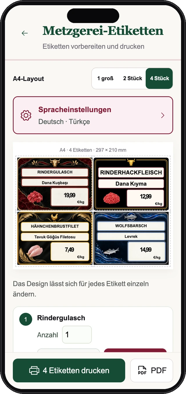 Metzgerei-Etiketten mit Preisen